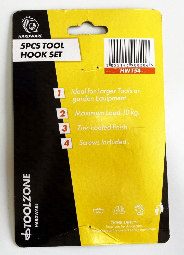 TOOL HOOK SET 5pc 75mm HEIGHT WITH FIXINGS - TOOLZONE KDPHW154