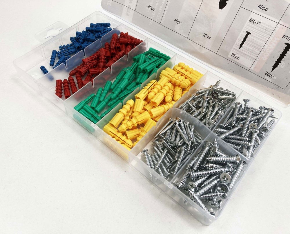 WALL PLUG AND SCREW ASSORTMENT 285pc IN STORAGE BOX - TOOLZONE KDPHW206