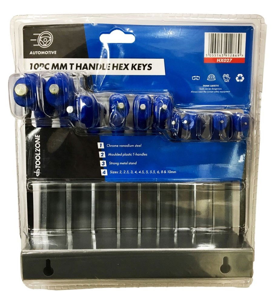 HEX KEY SET T HANDLE METRIC 10pc IN RACK CHROME VANADIUM - TOOLZONE KDPHX027