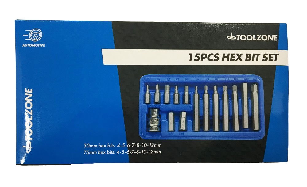 HEX BIT SET METRIC 15pc WITH 1/2 DRIVE ADAPTOR CHROME VANADIUM - TOOLZONE KDPHX036