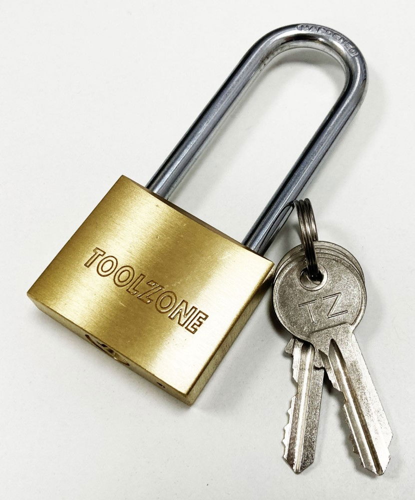 PADLOCK LONG SHANK BRASS 38mm 57mm SHACKLE WITH 3 KEYS - TOOLZONE KDPLK040
