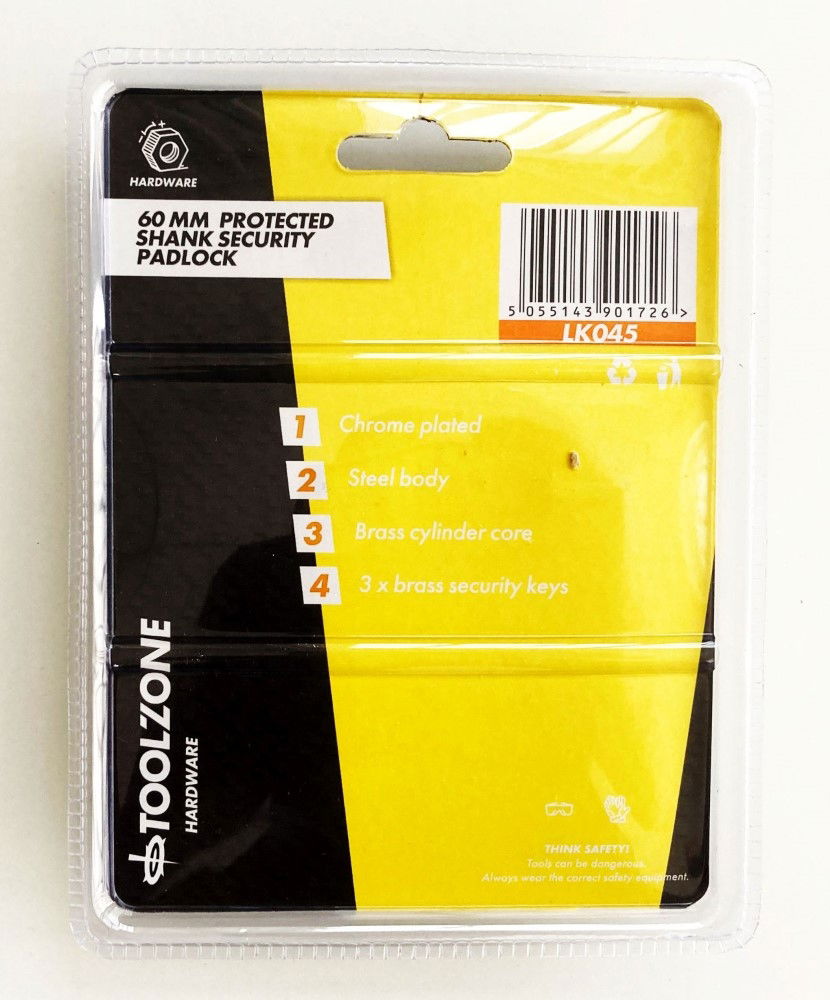 PADLOCK PROTECTED SHACKLE STEEL 60mm WITH 3 KEYS - TOOLZONE KDPLK045