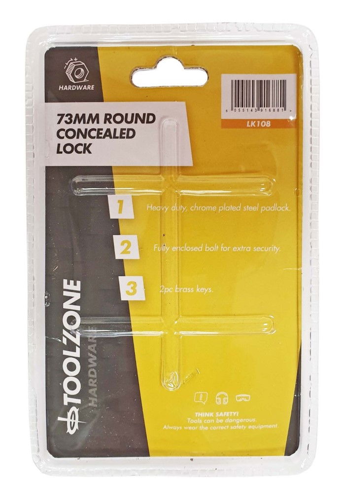 PADLOCK CONCEALED SHACKLE 73mm STEEL CHROME PLATED WITH 2 KEYS - TOOLZONE KDPLK108