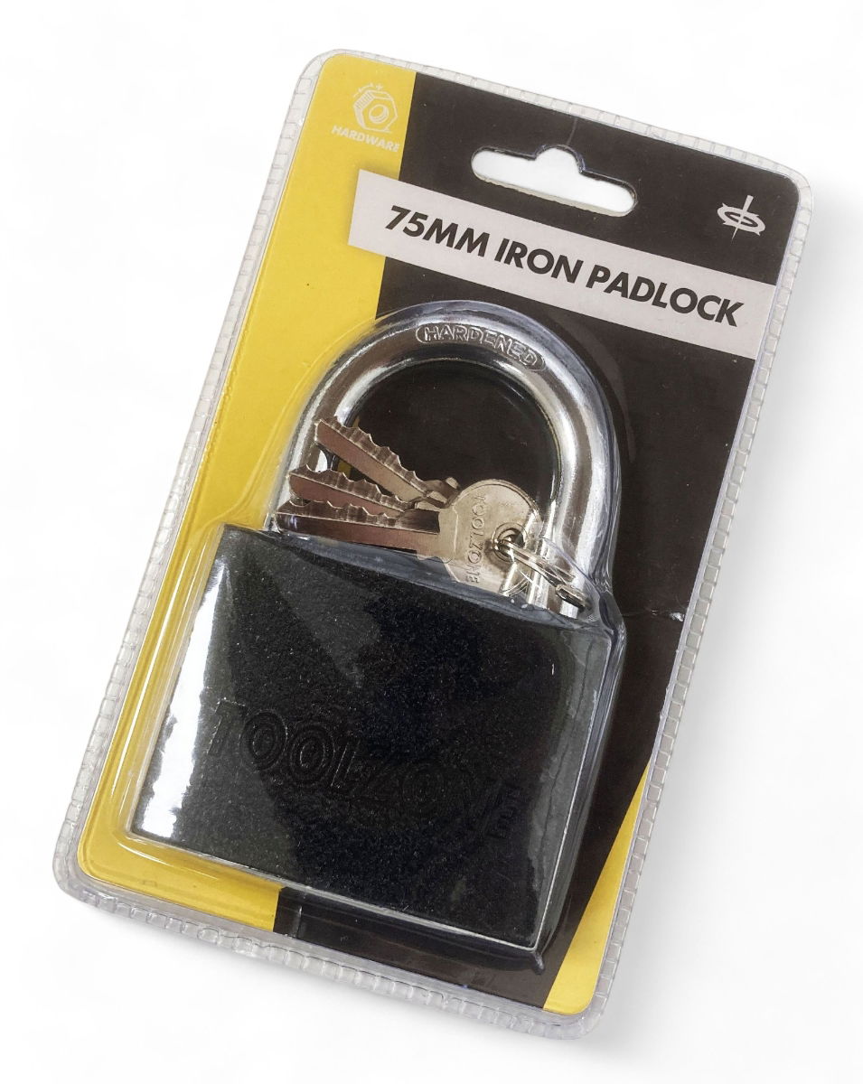 PADLOCK IRON 75mm HARDENED SHACKLE BRASS CORE WITH 3 KEYS - TOOLZONE KDPLK112