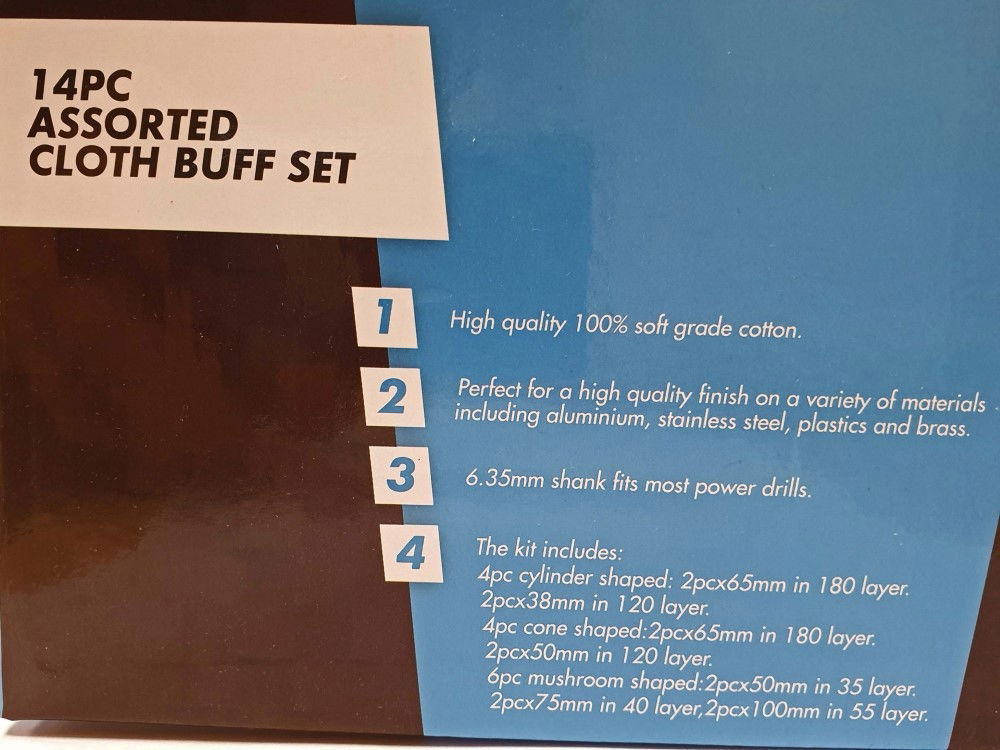 BUFF SET ASSORTED CLOTH 14PC 1/4 SHANK COTTON FOR DRILLS - TOOLZONE KDPPW164