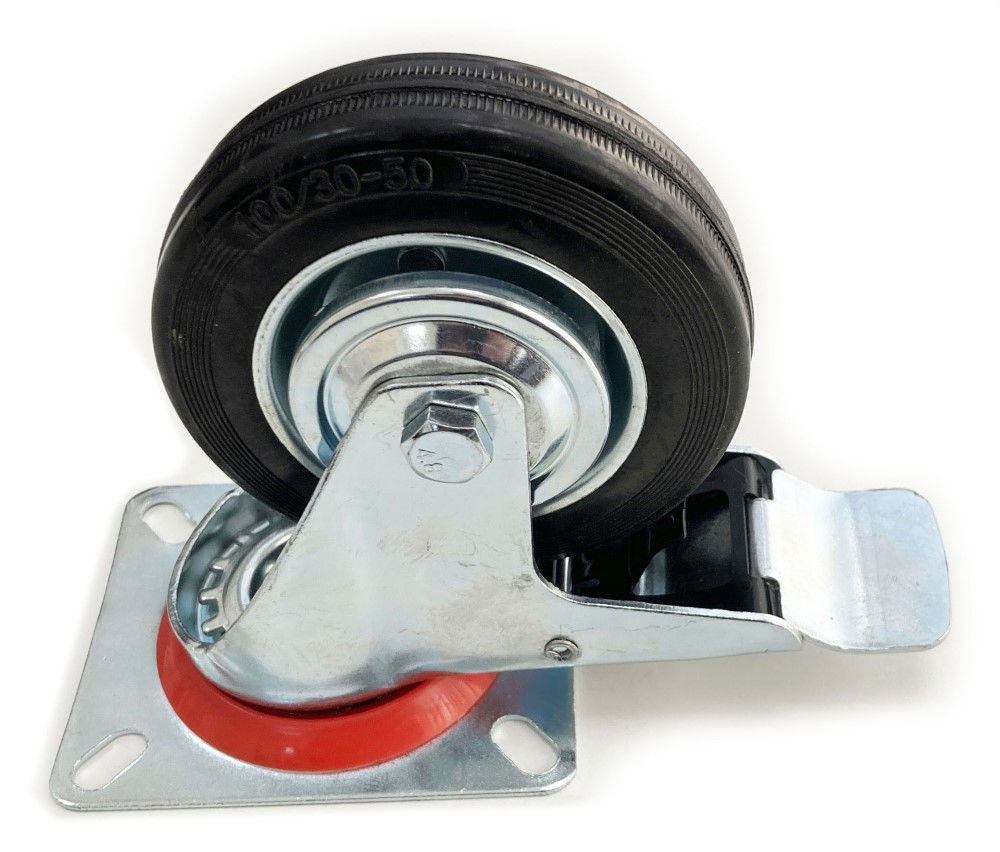 CASTOR SWIVEL WITH BRAKE 4 100mm RUBBER WHEEL STEEL PLATE 80kg - TOOLZONE KDPRM010
