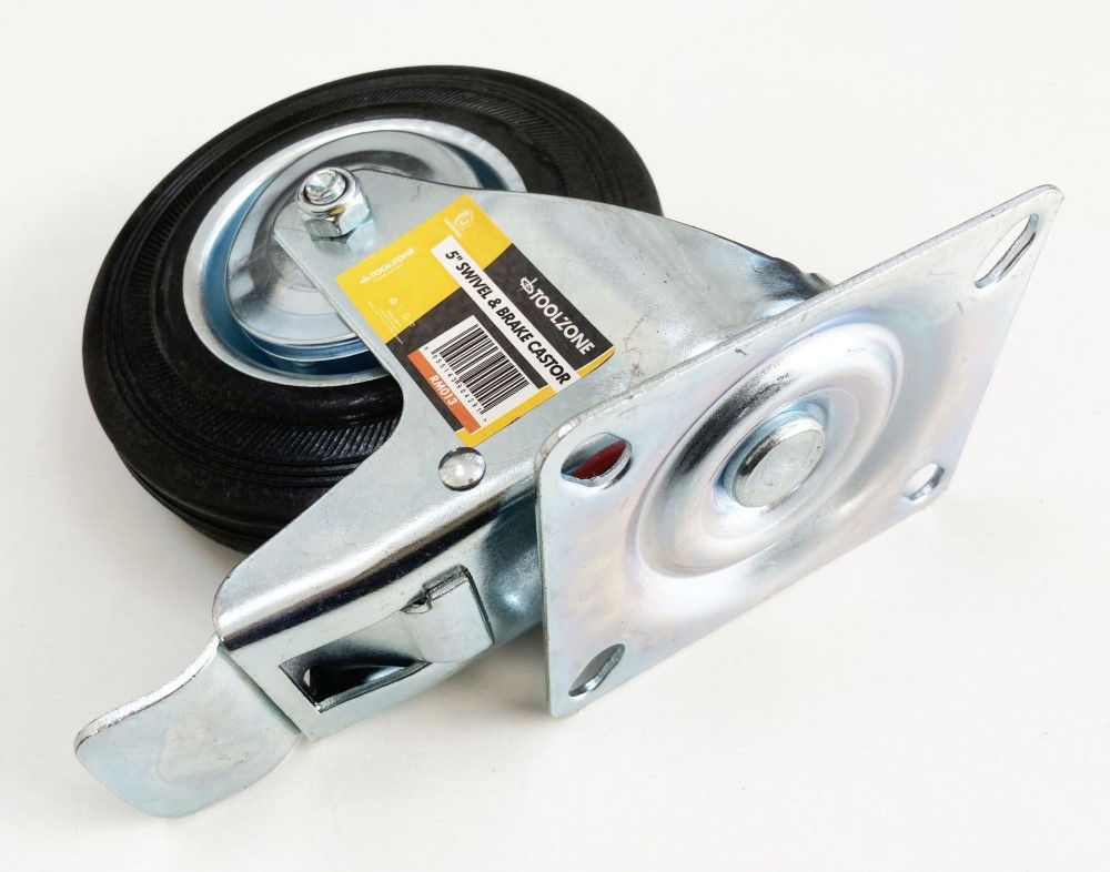 CASTOR SWIVEL WITH BRAKE 5 125mm RUBBER WHEEL STEEL PLATE 70kg - TOOLZONE KDPRM013