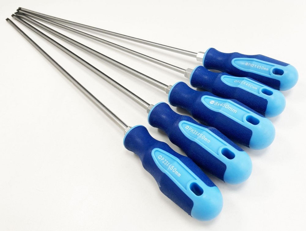 EXTRA-LONG SCREWDRIVER SET 5PC 450mm PZ2 PZ3 PH2 PH3 8mm - TOOLZONE KDPSD074
