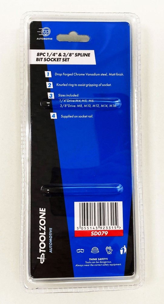 SPLINE BIT SOCKET SET 8PC 1/4 3/8 DRIVE M4-M16 ON RAIL - TOOLZONE KDPSD079
