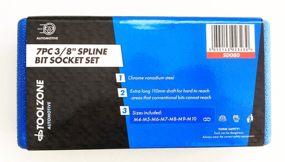 SPLINE SOCKET SET 7PC 3/8 DRIVE 110mm M4-M10 - TOOLZONE KDPSD080
