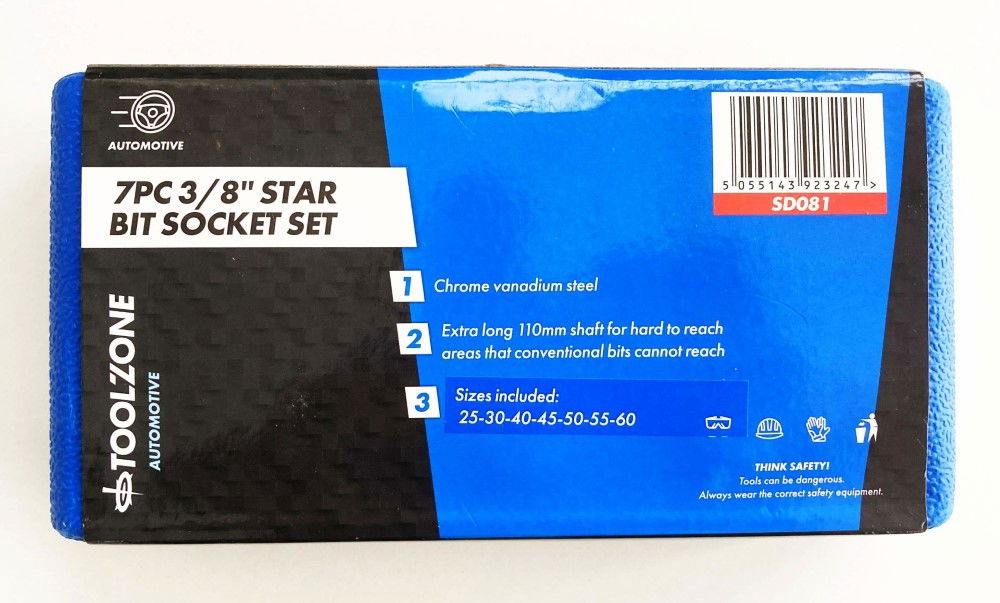 STAR BIT SET 7PC 3/8 DRIVE 110mm T25-T60 - TOOLZONE KDPSD081