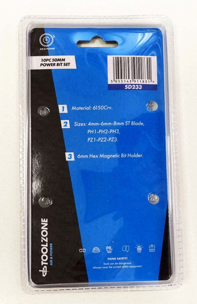 POWER BIT SET CRV SINGLE ENDED 10PC SLOT 4-8mm PH 1-3 PZ 1-3 - TOOLZONE KDPSD233