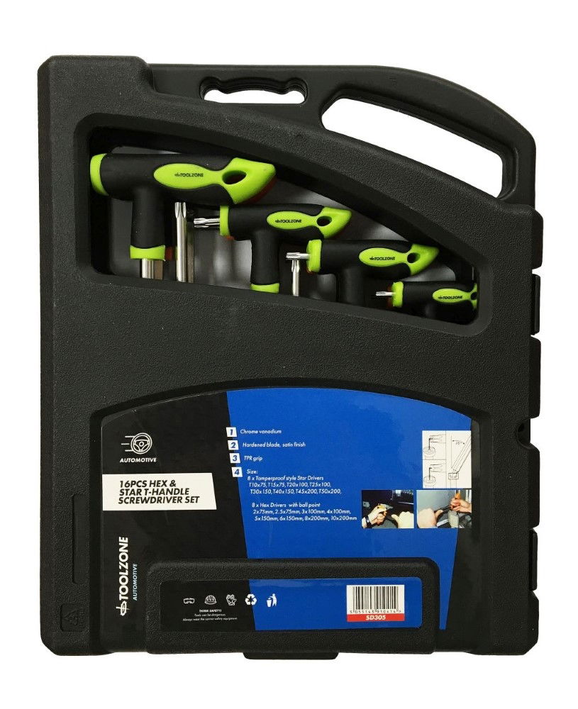 T HANDLE HEX AND STAR SCREWDRIVER SET 16PC CRV - TOOLZONE KDPSD305