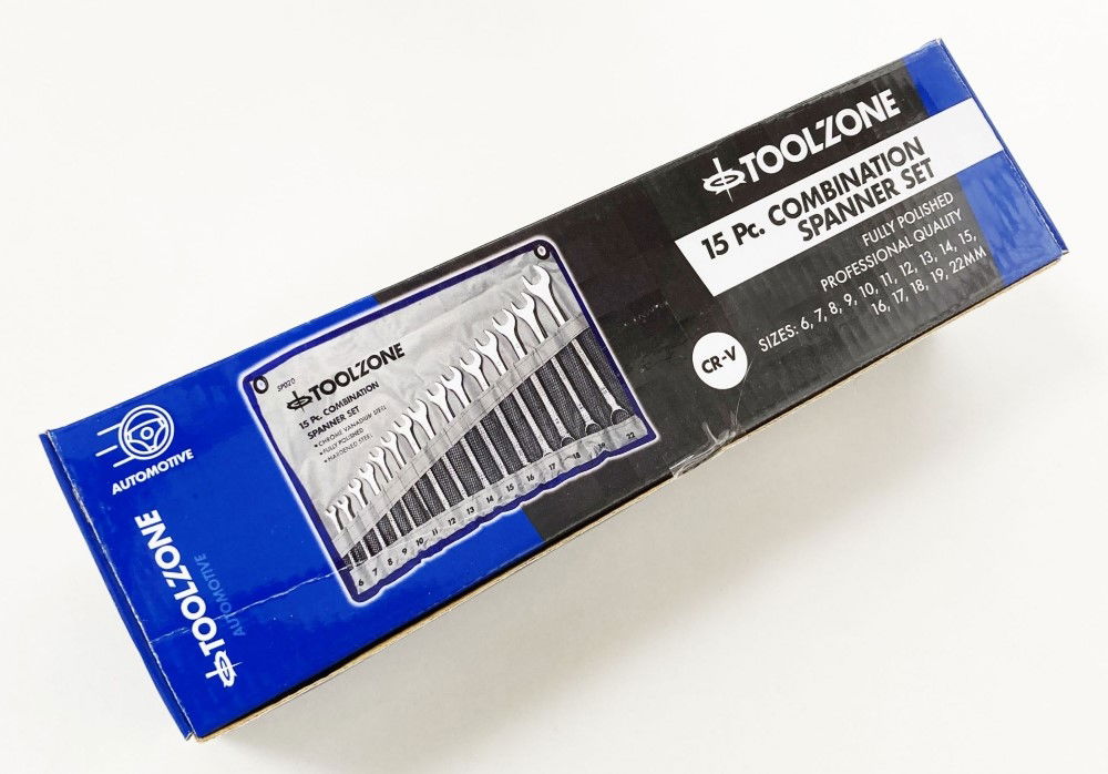 COMBINATION SPANNER SET 15PC 6-19mm 22mm CHROME VANADIUM SATIN - TOOLZONE KDPSP020