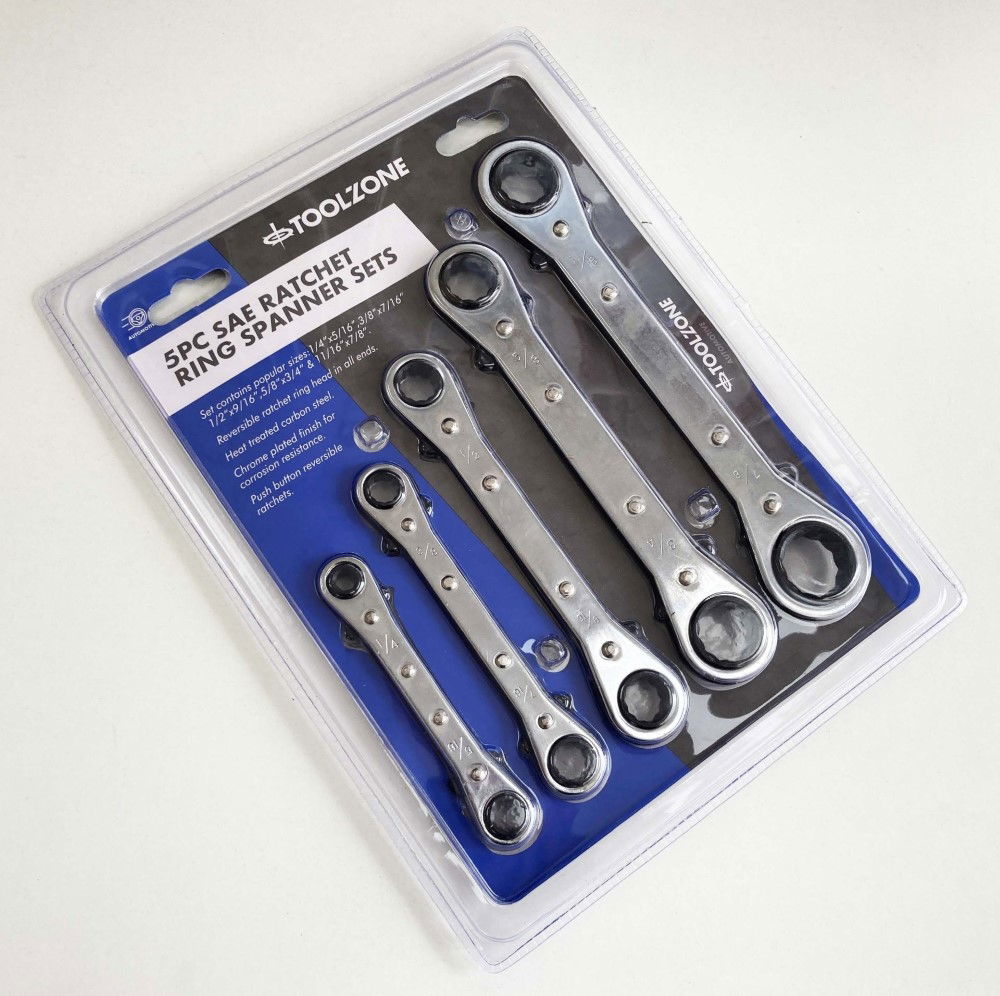 FLAT RATCHET RING SPANNER SET 5PC AF CHROME PLATED - TOOLZONE KDPSP030