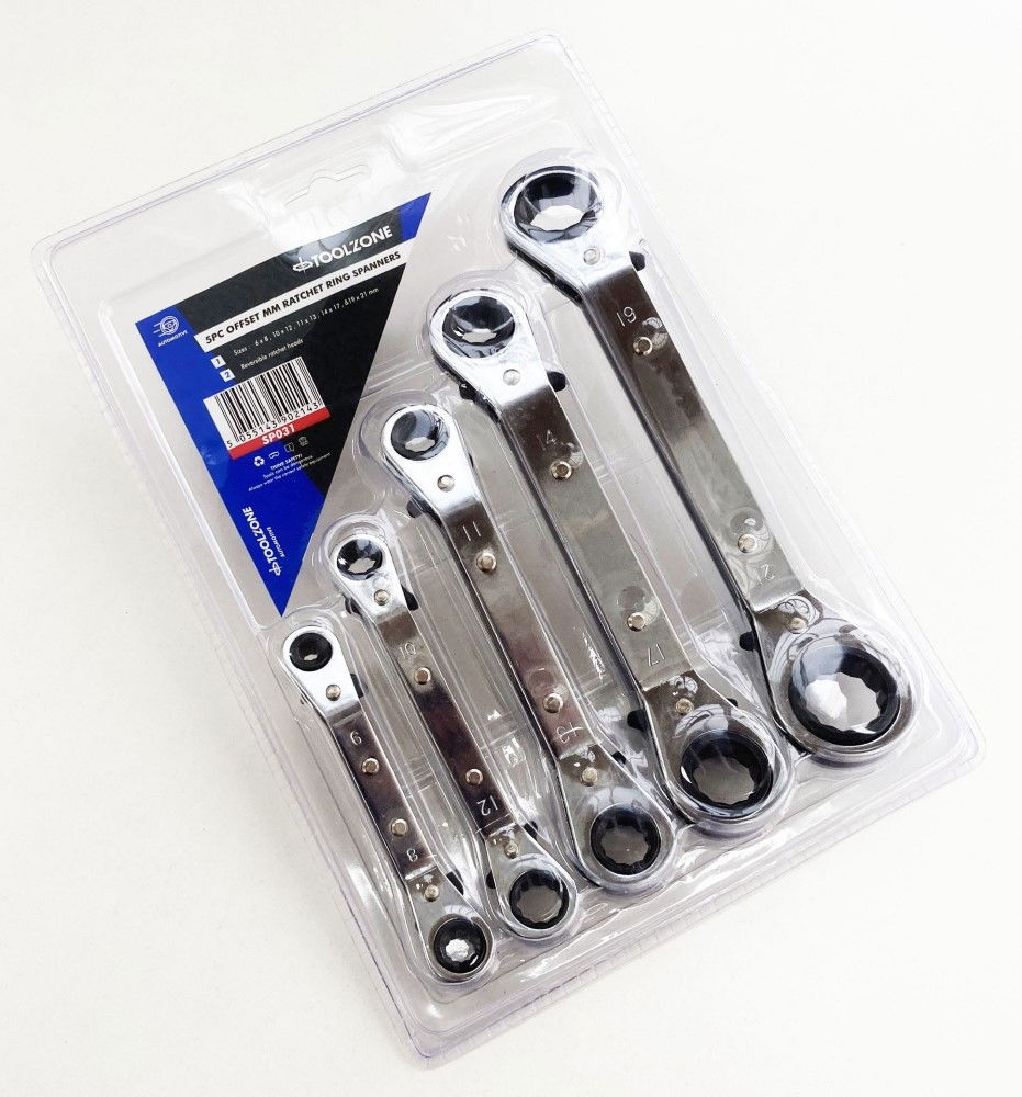 OFFSET RATCHET RING SPANNER SET 5PC 6x8mm TO 19x21mm - TOOLZONE KDPSP031