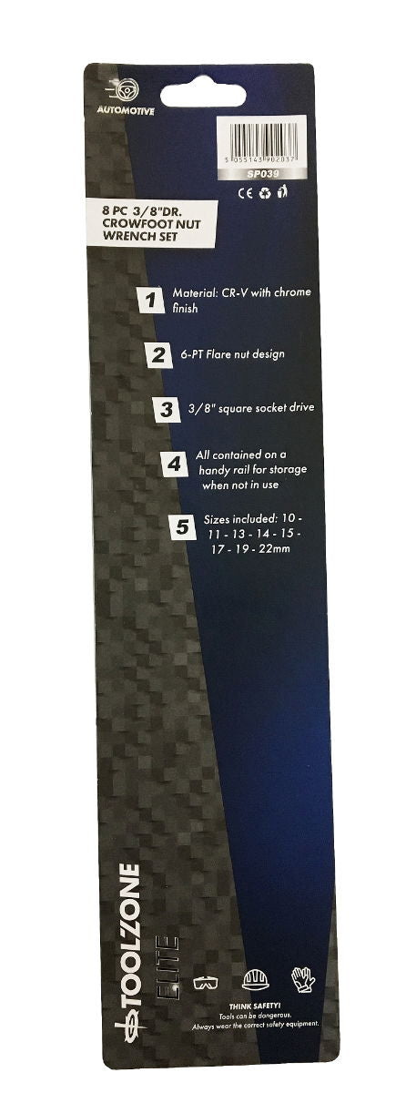 CROWSFOOT SPANNER SET 8PC 3/8 DRIVE 10mm TO 22mm POLISHED - TOOLZONE KDPSP039