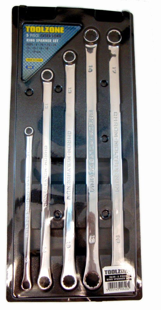 LONG RING SPANNER SET 5PC 8x10 TO 17x19mm CHROME MOLYBDENUM - TOOLZONE KDPSP087