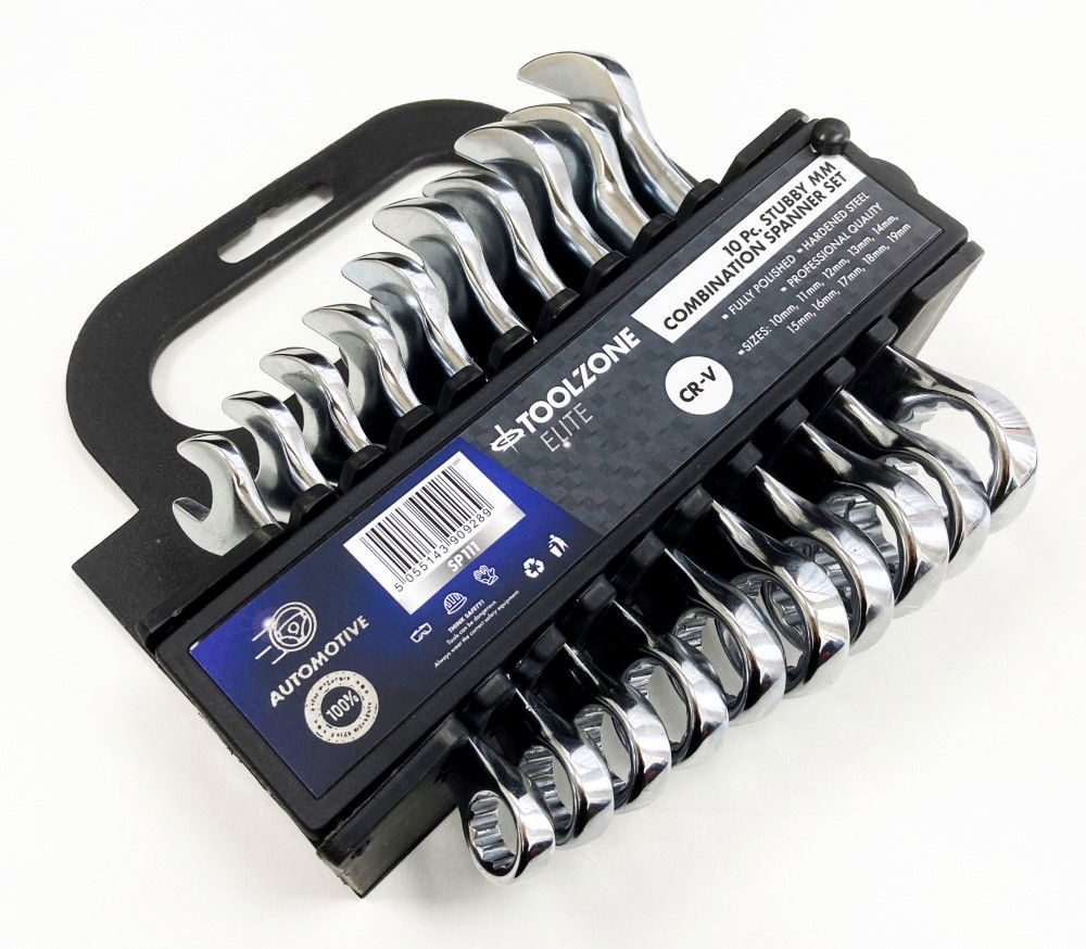 STUBBY SPANNER SET 10PC 10 TO 19mm FULLY POLISHED CHROME VANADIUM - TOOLZONE KDPSP111