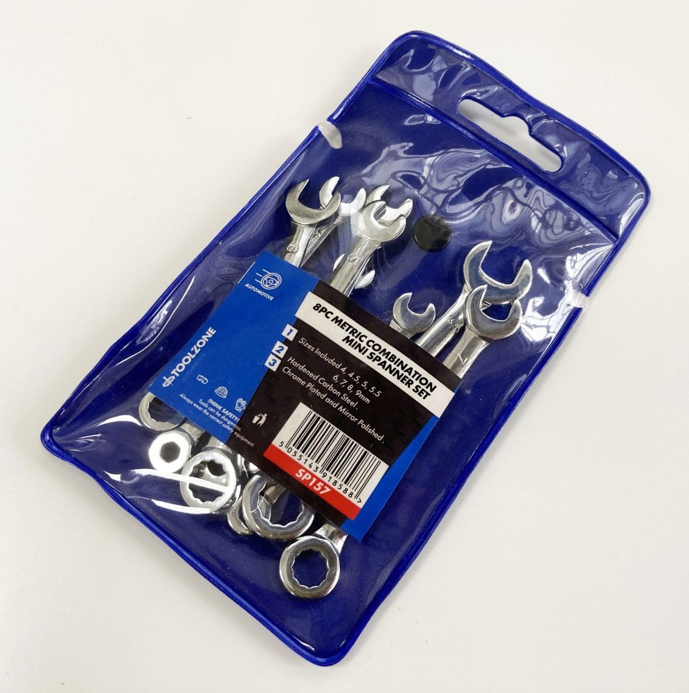 COMBINATION SPANNER SET 8pc MINI 4-9mm CARBON STEEL CHROME PLATED - TOOLZONE KDPSP157