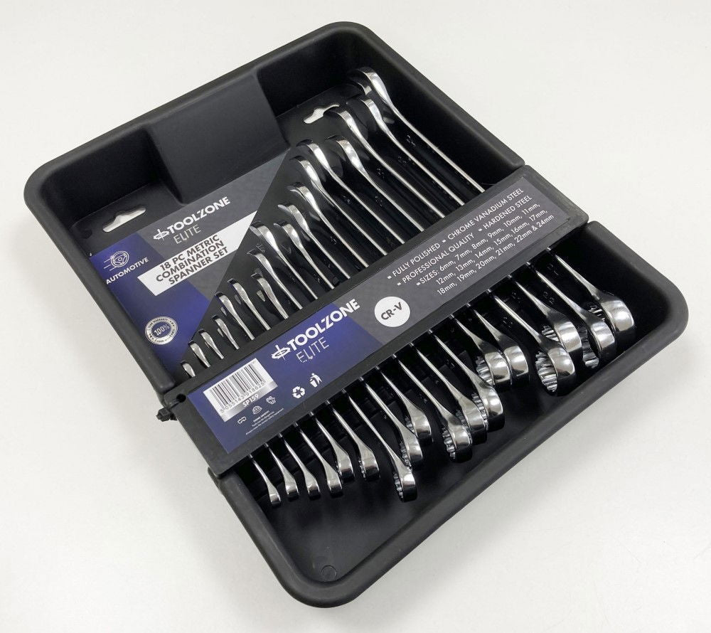COMBINATION SPANNER SET 18pc 6-32mm CHROME VANADIUM IN TRAY - TOOLZONE KDPSP159