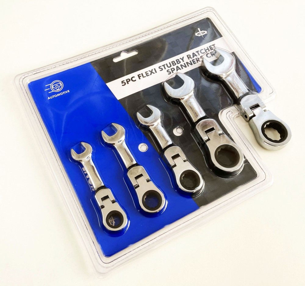FLEXI STUBBY RATCHET SPANNER SET 5pc 10-19mm CHROME VANADIUM - TOOLZONE KDPSP164