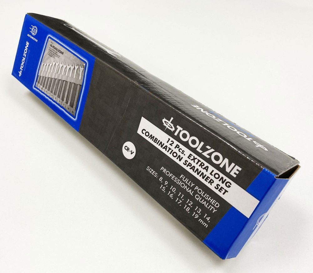 COMBINATION SPANNER SET 12pc EXTRA LONG 8-19mm CHROME VANADIUM IN POUCH - TOOLZONE KDPSP174