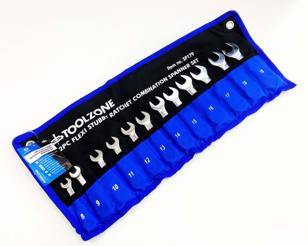 FLEXI STUBBY RATCHET COMBINATION SPANNER SET 12pc 8-19mm 72 TEETH CRV - TOOLZONE KDPSP179