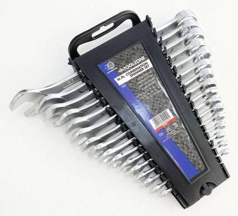 COMBINATION SPANNER SET 16pc 6-22mm DROP FORGED CHROME PLATED - TOOLZONE KDPSP193