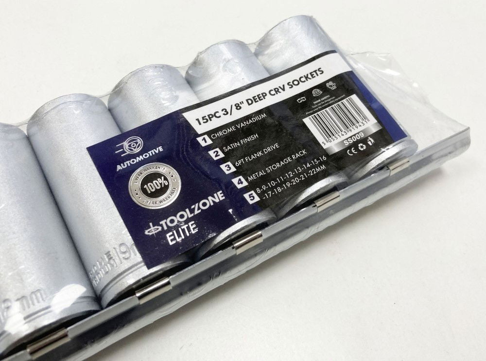 DEEP SOCKET SET 3/8 DRIVE 15pc 8-22mm CRV 6PT ON RAIL - TOOLZONE KDPSS009