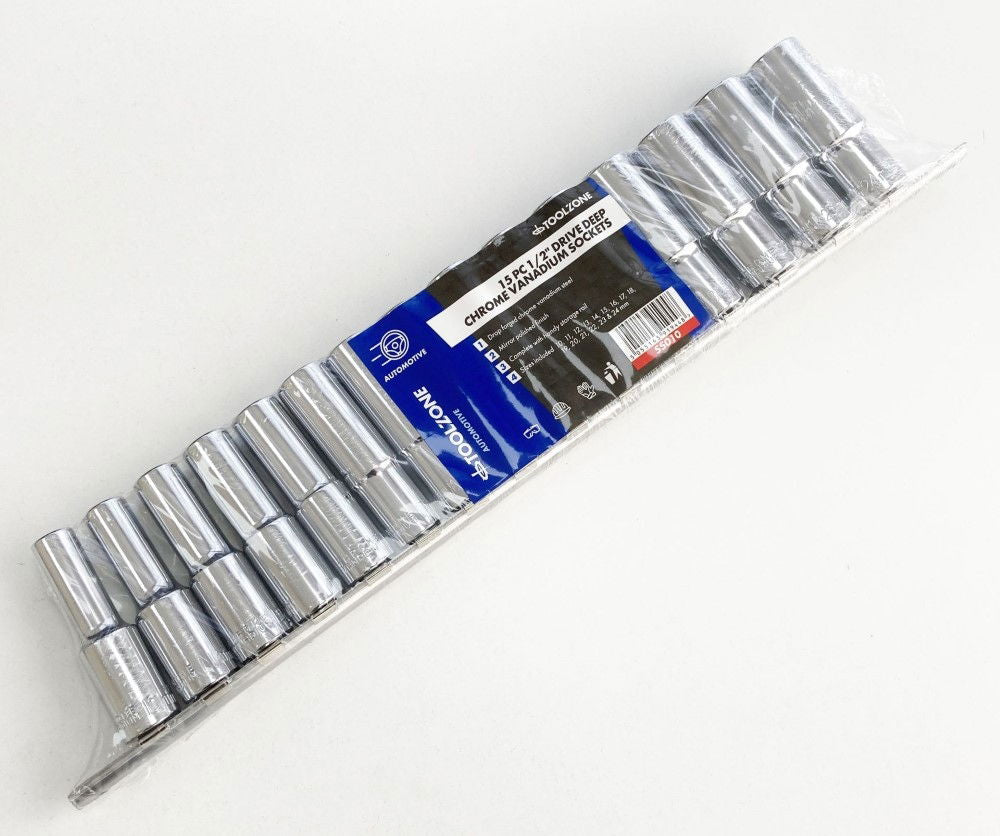 DEEP SOCKET SET 1/2 DRIVE 15pc 10-24mm CRV 6PT ON RAIL - TOOLZONE KDPSS010