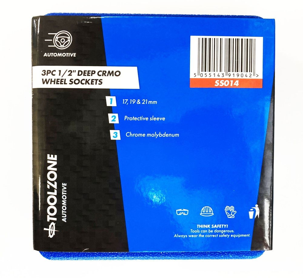 SOCKET SET 1/2 DRIVE 3pc 17-19-21mm CHROME MOLYBDENUM PROTECTIVE SLEEVE - TOOLZONE KDPSS014