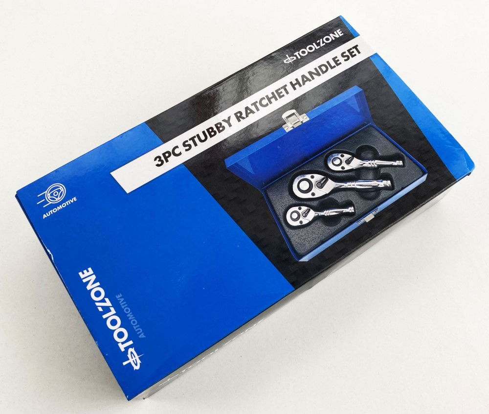 STUBBY RATCHET HANDLE SET 3pc 1/4 3/8 1/2 DRIVE 72 TEETH CRV - TOOLZONE KDPSS015