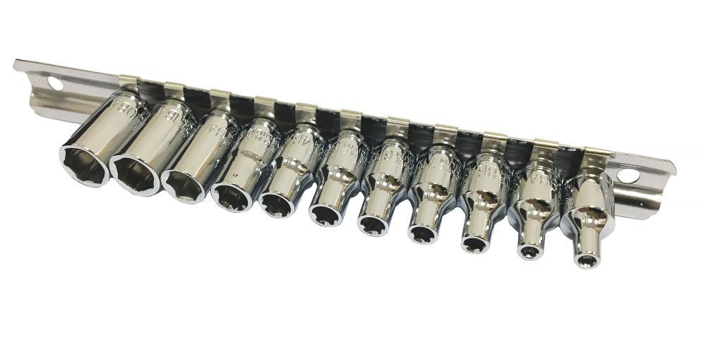 SOCKET SET 1/4 DRIVE 11pc BA0-BA10 6PT CRV POLISHED CHROME - TOOLZONE KDPSS016