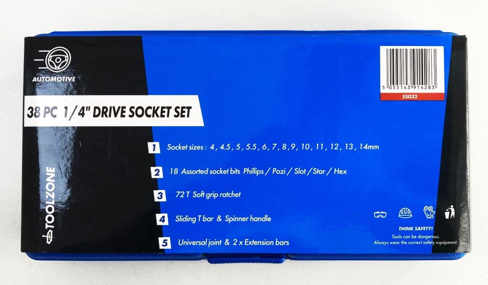 SOCKET SET 1/4 DRIVE 38pc CRV DIN3124 4-14mm PH PZ HEX STAR - TOOLZONE KDPSS032