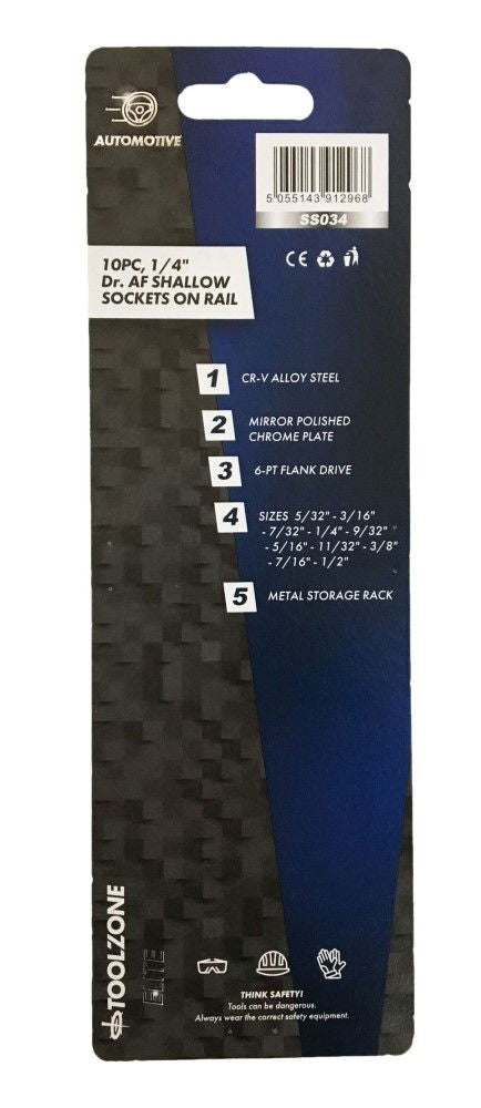 SOCKET SET 1/4 DRIVE SHALLOW AF 10pc 5/32-1/2 CRV POLISHED - TOOLZONE KDPSS034
