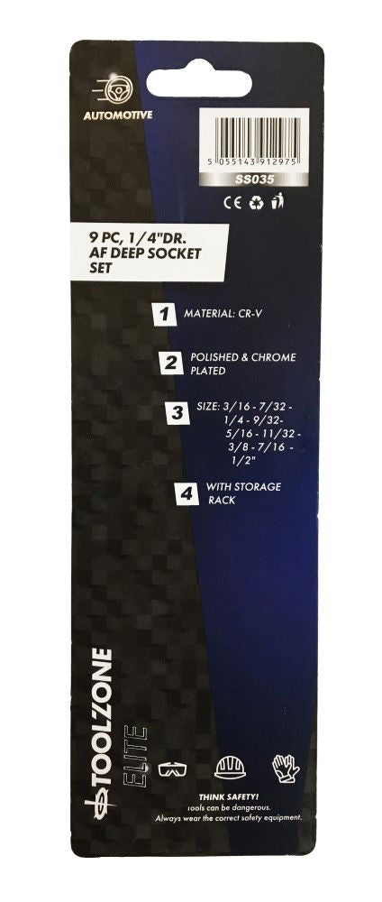 SOCKET SET 1/4 DRIVE DEEP AF 9pc 3/16-1/2 CRV POLISHED - TOOLZONE KDPSS035