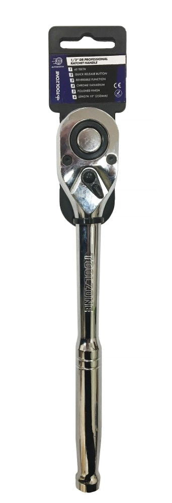 RATCHET HANDLE 1/2 DRIVE PROFESSIONAL POLISHED 250mm CRV QUICK RELEASE - TOOLZONE KDPSS054