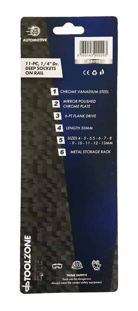 SOCKET SET 1/4 DRIVE DEEP CRV 11 PIECES 4-13mm SINGLE HEX - TOOLZONE KDPSS096