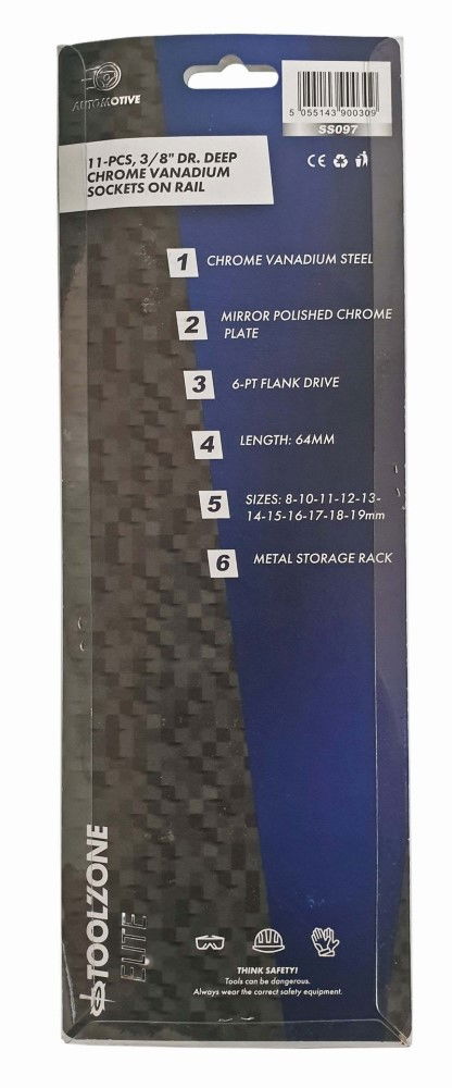 SOCKET SET 3/8 DRIVE DEEP CRV 11 PIECES 8-19mm SINGLE HEX - TOOLZONE KDPSS097