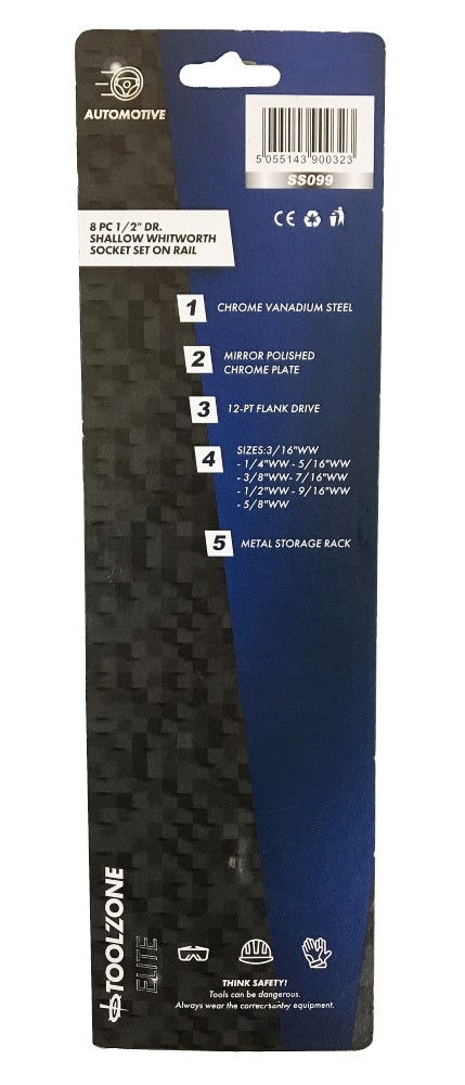 SOCKET SET 1/2 DRIVE SHALLOW WHITWORTH 8 PIECES 3/16-5/8ww - TOOLZONE KDPSS099