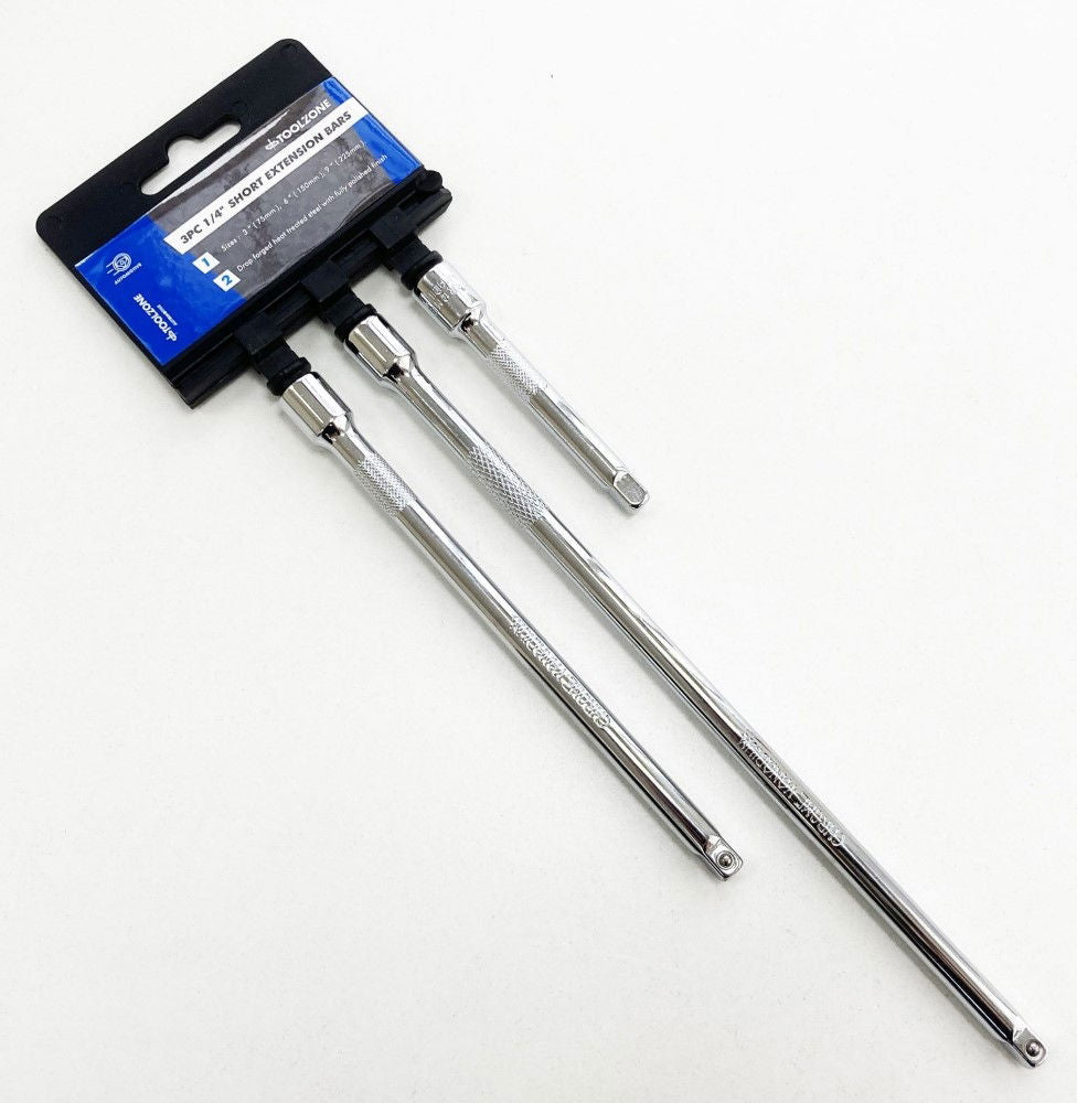 EXTENSION BAR SET 1/4 DRIVE SHORT 3 PIECES 75mm 150mm 225mm - TOOLZONE KDPSS140