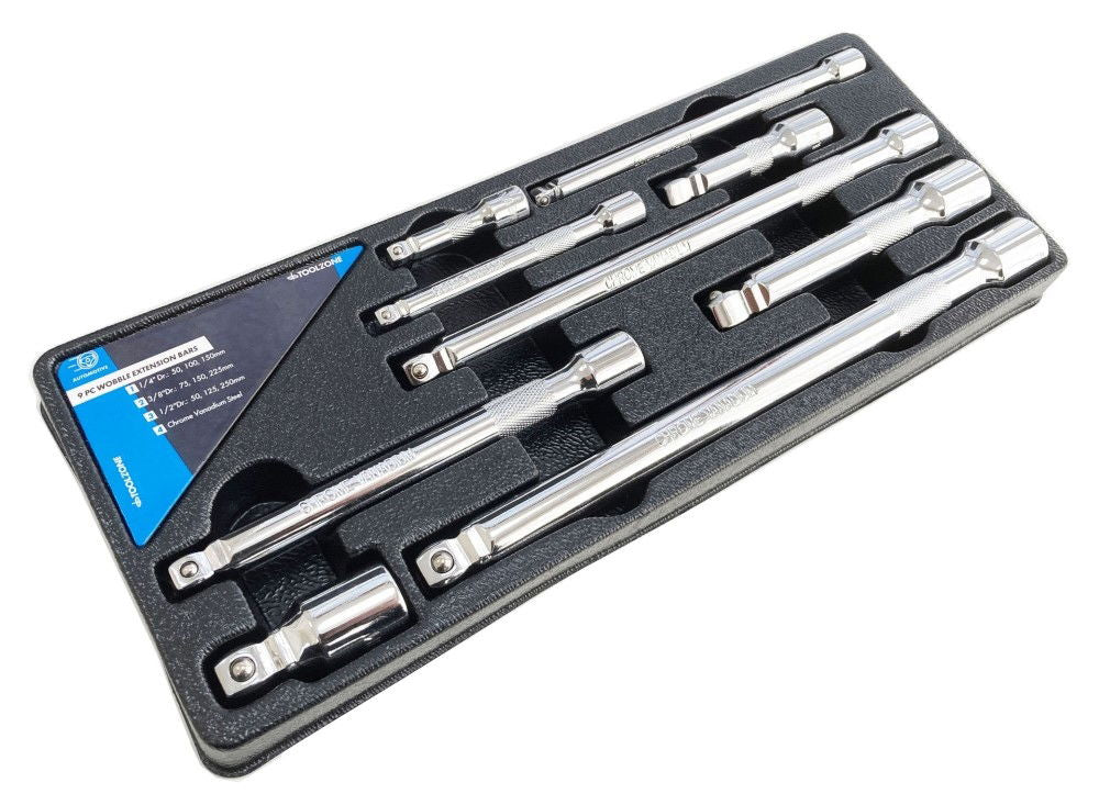 EXTENSION BAR SET WOBBLE CRV 9 PIECES 1/4 3/8 1/2 DRIVE - TOOLZONE KDPSS146