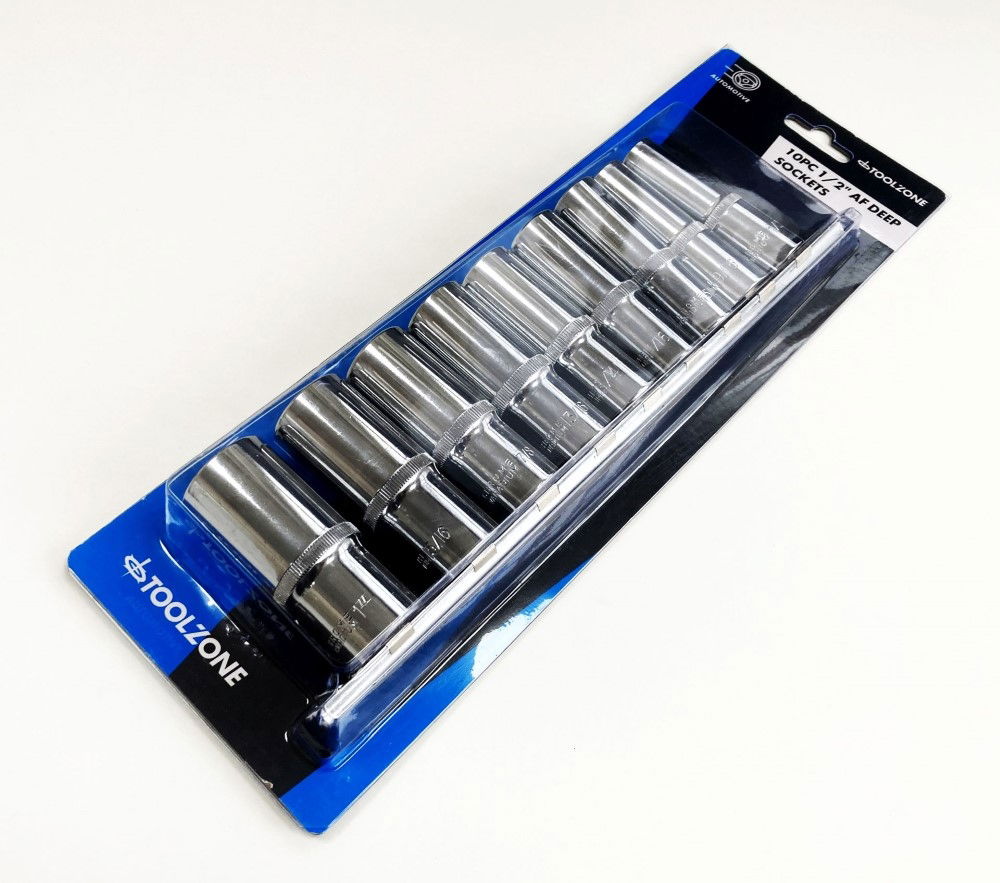 SOCKET SET DEEP 1/2 DRIVE AF 10 PIECES CRV POLISHED - TOOLZONE KDPSS219