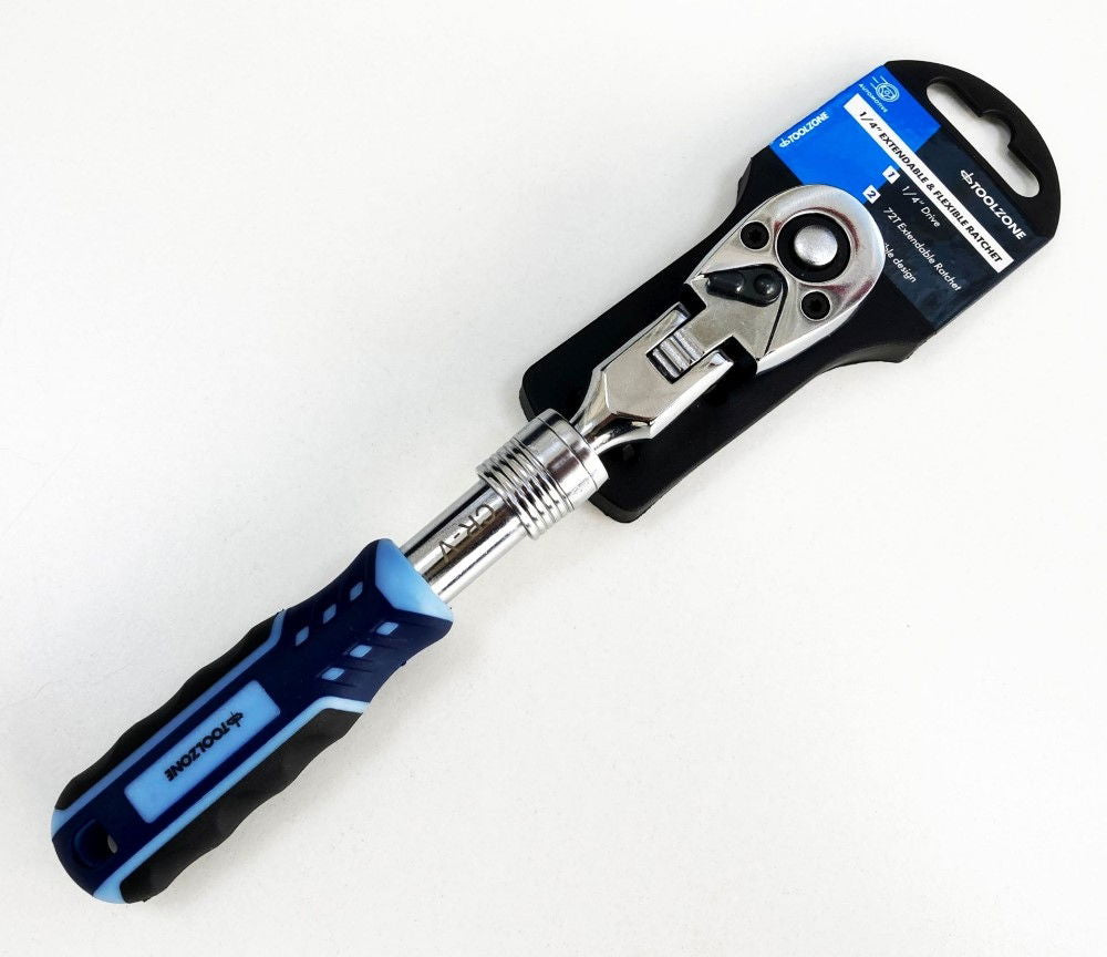 RATCHET FLEXI HEAD EXTENDABLE 1/4 DRIVE 180-230mm SOFTGRIP CRV - TOOLZONE KDPSS222