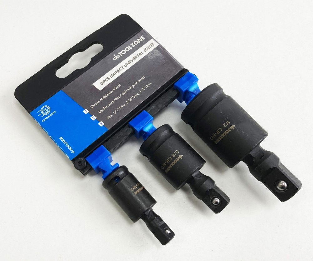 UNIVERSAL JOINT SET IMPACT 3 PIECES 1/4, 3/8, 1/2 CR-MO BLACK FINISH - TOOLZONE KDPSS227