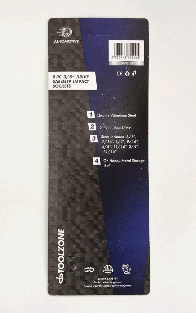 IMPACT SOCKET SET DEEP 3/8 DRIVE AF 8 PIECES 3/8-13/16 CRV BLACK FINISH - TOOLZONE KDPSS233
