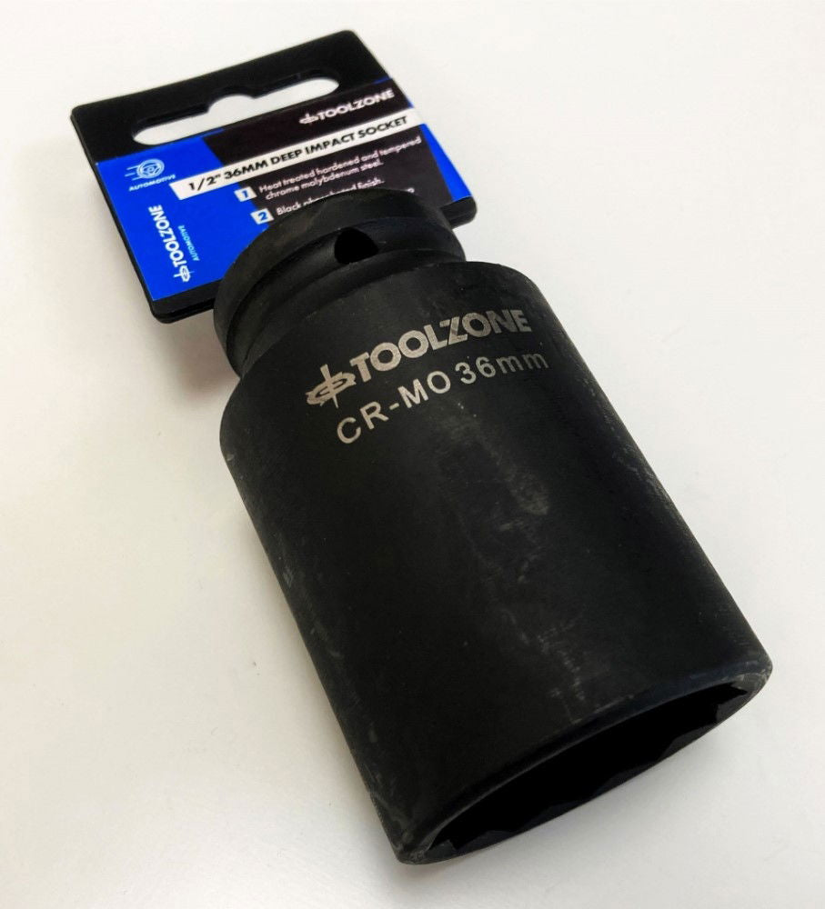 IMPACT SOCKET DEEP 1/2 DRIVE 36mm 12 POINT CR-MO 80mm BLACK PHOSPHATE - TOOLZONE KDPSS234
