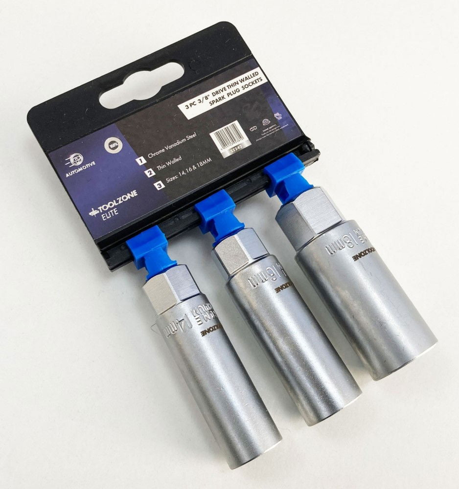 SPARK PLUG SOCKET SET 3/8 DRIVE 3 PIECES 14mm 16mm 18mm THIN WALL SATIN FINISH - TOOLZONE KDPSS242