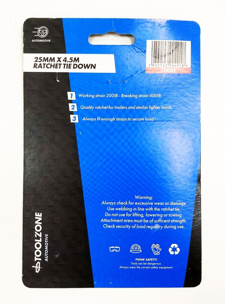 RATCHET TIE DOWN 25mm x 4.5m 100kg BREAKING STRENGTH - TOOLZONE KDPTD031